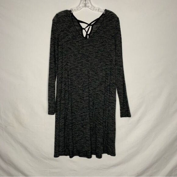 Just Be Heathered Black Speckled Long Sleeve Lace Up Tie Up Hacci Dress 1X - Picture 2 of 9